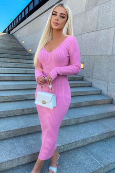 Available In Black, Red, Pink, Blue And Taupe Ribbed Dress V Neckline Ankle Length Long Sleeve Knit 70% Rayon 30% Nylon Imported | Kallan Knit Dress in Pink size 2X by Fashion Nova Kallan Knit Dress, Knitted Dress Outfit, Look Kylie Jenner, Pink Sweater Dress, Ribbed Dress, Maxi Knit Dress, Pink Maxi Dress, Pink Outfits, Knit Midi