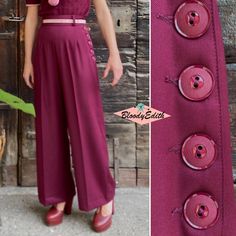 "These lovely trousers are handmade with gabardine fabric (dry clean only).  They're an original model of 1930s.  They have high waist, belt loops and side button closure.  The belt is not included.  Color: Claret violet Fabric: 40% wool, 40% viscose, 10% polyester Measurements: (The trouser length is measured from the waist to the brim) XS Waist 64 cm - 25 \" Hips 102 cm - 40 \" Total length 104 cm - 41 \" S Waist 68 cm - 26,50 \" Hips 106 cm - 41,50 \" Total length 105 cm - 41,25 \" M Waist 72 cm - 28,25 \" Hips 110 cm - 43,25 \" Total length 107 cm - 42 \" L Waist 76 cm - 30 \" Hips 115 cm - 45,25 \" Total length 109 cm - 43 \" XL  Waist 80 cm - 31,50 \" Hips 122 cm - 48 \" Total length 111 cm - 43,75 \" For our shipping and shop policy, please visit: https://www.etsy.com/shop/BloodyEdi Retro Fitted High-waisted Wide Leg Pants, Fitted 1950s Style Bottoms, Vintage Wide-leg Pants, Vintage Wide Leg Pants With Button Closure, Vintage High Waist Pants With Buttons, Vintage High-waist Pants With Buttons, Fitted High-waisted Wide Leg Pants With Buttons, Vintage Full-length Bottoms With Buttons, Fitted Vintage Pants With Buttons