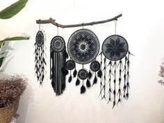 there is a black and white dream catcher hanging on the wall next to a potted plant