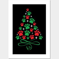 a christmas tree with paw prints and stars on it, in red green and black