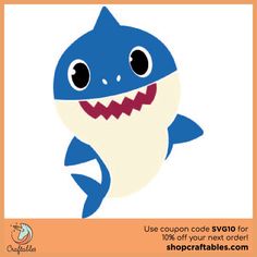 a blue and white shark with big eyes on it's face is featured in an orange frame