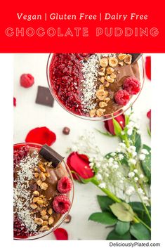 two glasses filled with chocolate, raspberry and almond smoothie topped with nuts