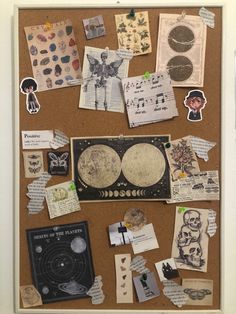 a bulletin board covered in lots of papers and magnets with pictures attached to it