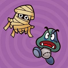 a cartoon character with bandages on his head and an angry looking creature in the background