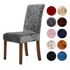 the velvet dining chair with wooden legs is shown in multiple colors and sizes, including black, white, red, blue, grey, yellow