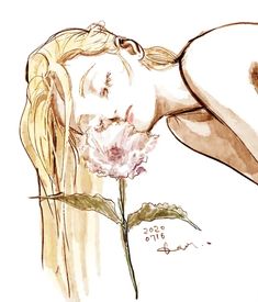 a drawing of a woman smelling a flower