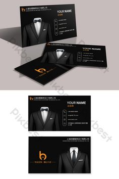 business card design with black and gold accents on the front, side and back sides