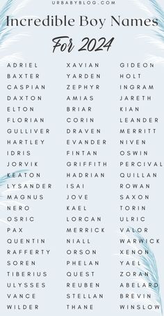 the incredible boy names for 2014 are shown in blue and white with feathers on it