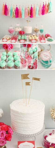 a cake and cupcakes are on display at a birthday party with tassels