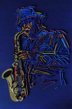 a painting of a saxophone player with neon lights on it's head and neck