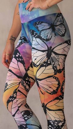 Buttery Soft Athleisure leggings with hand drawn artwork. Printed and sewn in USA. Rainbow Color Background, Pilates Workouts, Coloured Background, Athleisure Leggings, Eagle Rock, Yoga Legging, Casual Leggings, Monarch Butterflies, Baddie Tips