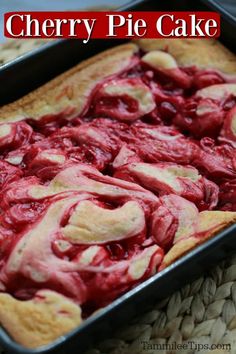 cherry pie cake in a baking pan on a table