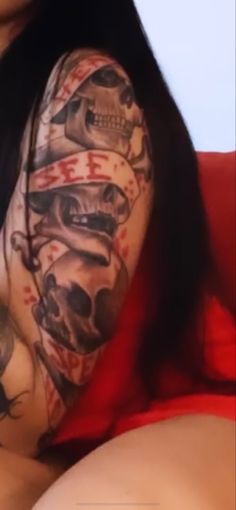 Skull Tattoo No Evil Tattoo, Half Sleeve Tattoos Forearm, Evil Skull Tattoo, Evil Skull, Evil Tattoo, Feminine Tattoo Sleeves, Skull Sleeve Tattoos