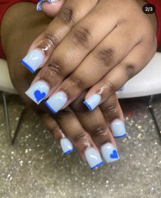 Tips Nails Design Short, Short White Nails With Blue Design, Simple But Cute Short Nails, Short And Medium Nails, Blue And White Nails Acrylic Short, Cute Graduation Nails Short, Short White And Blue Acrylic Nails, Short Nails Acrylic Blue And White, Short Acrylic Nails With Gummy Bears