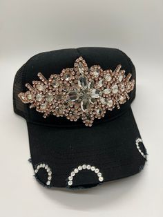 Black & Tan, Rose Gold Rhinestone Trucker Hat, Silver/ Rose Gold Rhinestones, One Size Fits Most, Adjustable Snap Back Glamorous Adjustable Hat With Rhinestones, Glamorous Adjustable Rhinestone Hat, Gold Rhinestone, Snap Back, Snap Backs, Silver Rose Gold, Black Tan, Black And Tan, Trucker Cap