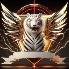 a white tiger with red eyes and wings on it's head is surrounded by lightning