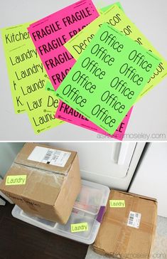 two pictures side by side, one with sticky notes on it and the other with boxes full of office supplies