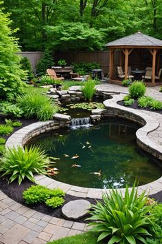 a backyard pond with a gazebo in the middle