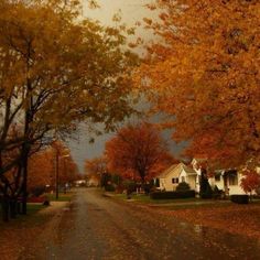 an autumn scene with houses and trees in the foreground