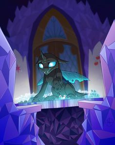 an animated image of a dragon with glowing eyes sitting in front of a window, surrounded by ice crystals