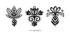 three black and white floral designs on a white background, each with an ornate design