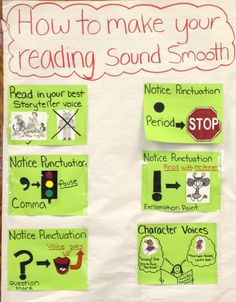 a bulletin board with instructions on how to make your reading sound smooth and other activities