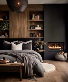 a bedroom with a bed, fireplace and bookshelf in the backround