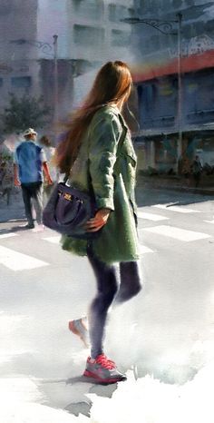 a painting of a woman walking in the snow with her handbag on her hip