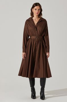 Belted cotton-poplin midi shirt dress Perfect for work to wherever Detachable belt, functional side pockets Dry clean only 100% Cotton Style #ACDR102464 Astr The Label, Midi Shirt Dress, Spring Tops, Brown Dress, Fall Collections, Cotton Style, S Models, Cotton Poplin, The Label