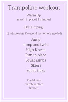 the trampoline workout routine is shown in pink and white, with instructions for how to