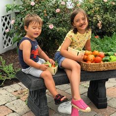 two children sitting on a bench with baskets of fruit in front of them, smiling at the camera