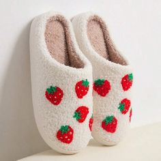 Style:Fashionable \nColor:White \nToe:Round Toe \nPattern Type:Animal \nPattern Type:Halloween \nSize Fit:One Size Smaller \nUpper Material:Fabric \nLining Material:Fabric \nInsole Material:Fabric \nOutsole Material:TPR \n Embroidered Strawberry, Home Slippers, Winter Slippers, Fuzzy Slippers, Slippers For Girls, Girl House, Formal Dresses For Women, House Slippers, Toe Designs