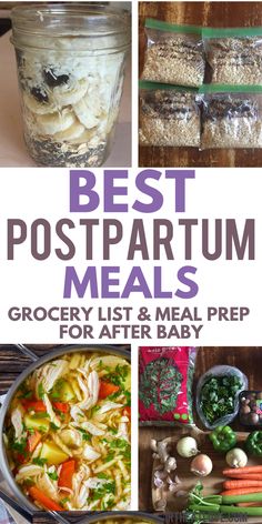 the best postpartum meals grocery list and meal prep guide for after baby, with images