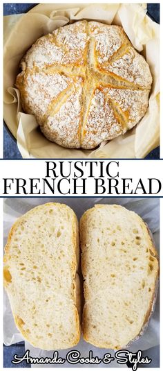 two pictures with bread and the words rustic french bread on it in different stages of being sliced