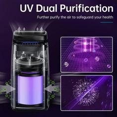 an image of a purple light in the dark with text that reads, uv dual purification further purify the air to safeguard your health