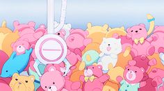 there are many pink teddy bears standing together