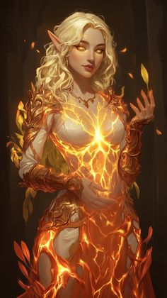 a woman with blonde hair is dressed in fire and holding her hands out to the side