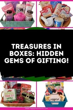 the words treasures in boxes hidden gems of gifting are overlaided with images of various items