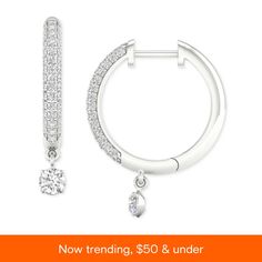 in stock Diamond Pave Setting Huggie Earrings, Vs Clarity Diamond Huggie Earrings, Huggie Diamond Earrings With Vs Clarity, Fine Jewelry Dangle Hoop Earrings With Halo Design, Diamond Brilliant Cut Dangle Hoop Earrings, Fine Jewelry Small Hoop Diamond Earrings In Sterling Silver, Diamond Hoop Earrings With Brilliant Cut Dangle, White Gold Hoop Jewelry With Pave Setting, Sterling Silver Hoop Diamond Earrings