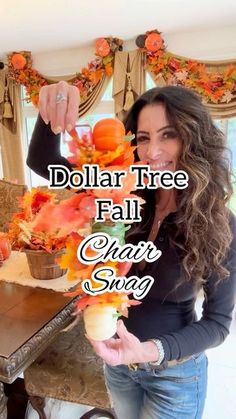 a woman standing in front of a table with pumpkins on it and the words dollar tree fall guide song