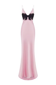 Floral printed satin and lace maxi dress with a bow light pink/black 0X640 – RASARIO Pink Satin Gown, Pink Lace Maxi Dress, Dress With A Bow, Night Gown Dress, Bow Light, Stunning Prom Dresses, Floral Gown, Fantasy Gowns, Lace Maxi