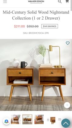 two wooden nightstands sitting next to each other