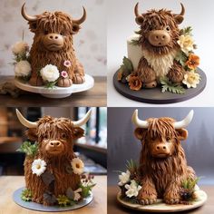 there are three pictures of the same animal on this cake, and one has flowers in it