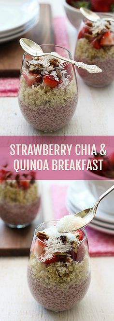 strawberry chia and quinoa breakfast in a glass bowl with silver spoons