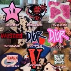 various decals and stickers on the back of a couch in a living room