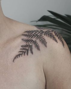 a black fern leaf tattoo on the chest