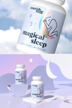 two bottles of magic sleep next to each other on top of a purple and blue background