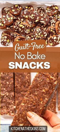 no bake snack with nuts and chocolate on top, in front of the words guilt - free no bake snacks