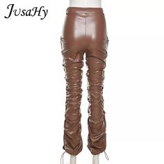 FREE SHIPPING 2022 Trend Black PU Leather Pleated Stacked Pants OUT0895 Casual Brown Leather Pants For Party, Casual Brown Pants For Party, Stacked Leather Pants, Stacked Pants, Pleather Pants, Long Trousers, Pleated Fabric, Straight Trousers, Girls Night Out