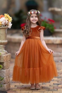 Burnt Orange Velvet and Tulle Flower Girl Dress - The Little Kitten Boutique Toddler Flower Girl Dress, Flower Girl Dress Boho, Green Tulle Skirt, Burnt Orange Velvet, Long Flower Girl Dresses, Tulle Flower Girl Dress, Green Tulle, Tulle Flower Girl, Tulle Flowers